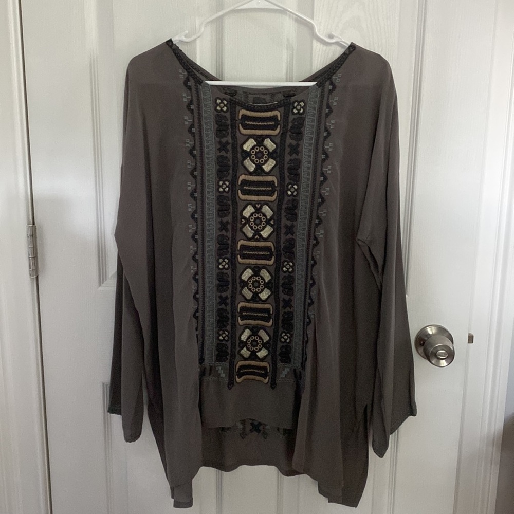 Johnny Was Embroidered Long Sleeve Silk Shirt